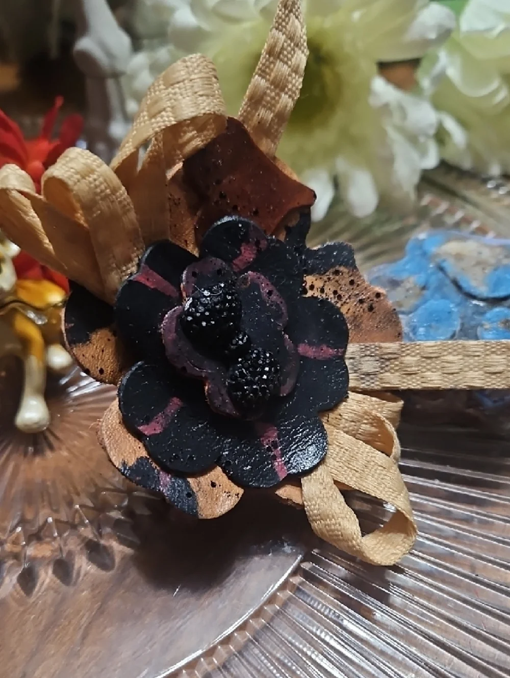 Hand Crafted Genuine Leather Floral Dog Bow Charm NEW